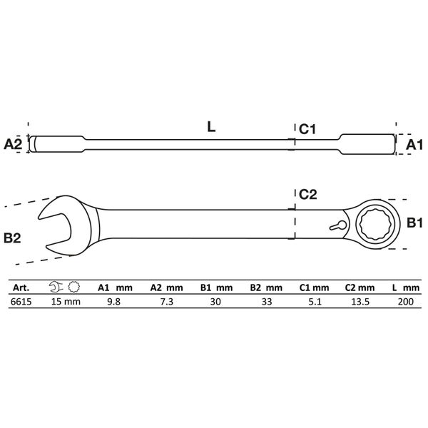 BGS Maulringschlüssel mit Ratschenfunktion und Umschalthebel, 15 Millimeter