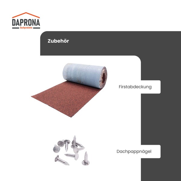 Daprona Logo, Zubehör für Dachprodukte bestehend aus einer Rolle Firstabdeckung und Dachpappnägeln.