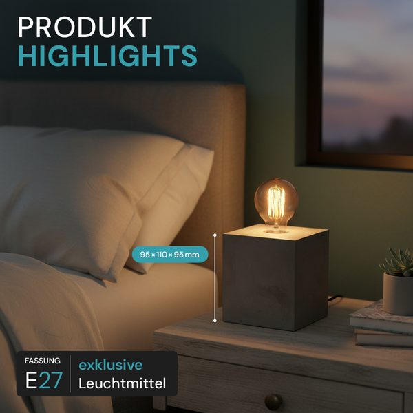 Dekorative Würfelleuchte mit E27 Fassung auf einem Nachttisch
