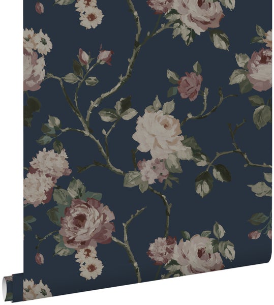 ESTAhome Tapete Blumenmuster Dunkelblau und Altrosa - 53 cm x 10.05 m - 139409