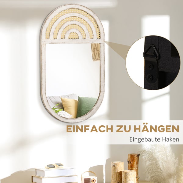 HOMCOM Wandspiegel, Wohnzimmerspiegel, 50 x 90 cm Flurspiegel mit Rattanoptik, Holzrahmen für Schlafzimmer Weiß