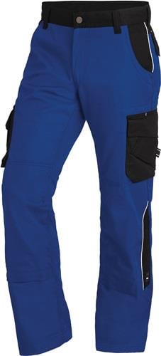 Blaue Arbeitshose mit schwarzen Kontrasteinsätzen und funktionalen Seitentaschen.
