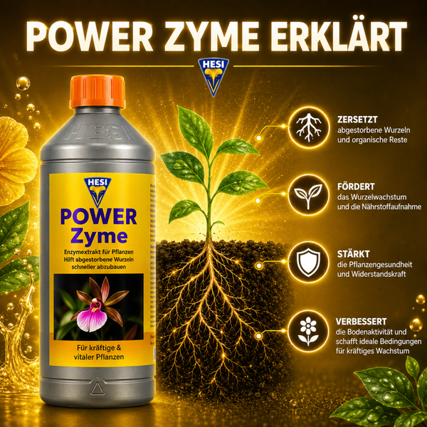 Hesi Power Zyme Enzymextrakt für Pflanzen in der Flasche mit grafischer Erklärung der Vorteile für Wurzelwachstum und Bodengesundheit.