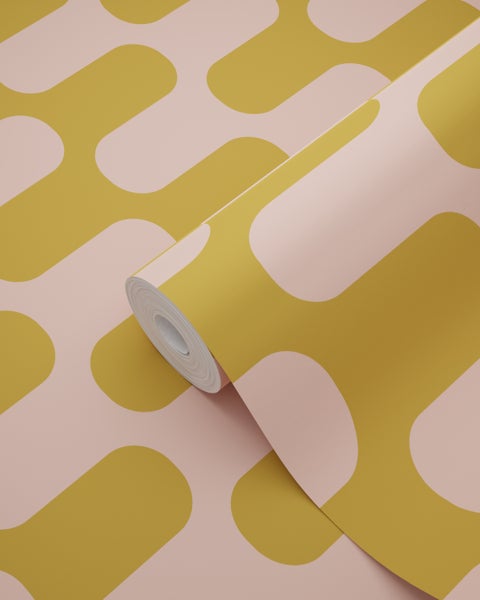 Tapetenrolle mit großflächigem geometrischem Muster aus abgerundeten Formen im Retro-Stil.