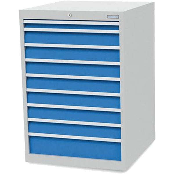 Werkzeugschrank mit neun Schubladen, grauem Metallgehäuse und blauen Fronten, abschließbar.