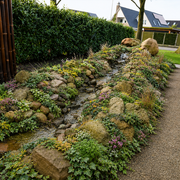 Ein angelegter Gartenbachlauf, gesäumt von Natursteinen, Kieselsteinen und verschiedenen Pflanzen wie Efeu und Blumen, neben einem Kiesweg.