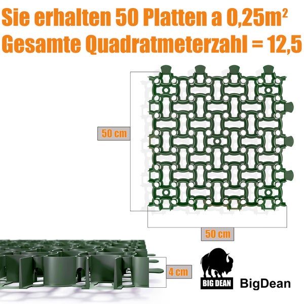Big Dean Rasengitterplatten Set, 50 Stück, je 50 mal 50 Zentimeter, 4 Zentimeter hoch
