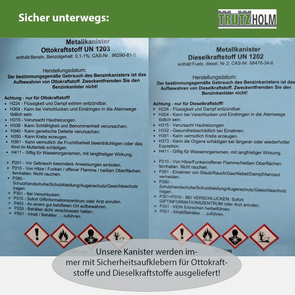 Trutzholm Sicherheitsaufkleber für Metallkanister mit Gefahrenhinweisen für Ottokraftstoff und Dieselkraftstoff gemäß GHS Verordnung.