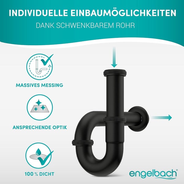 Engelbach® Siphon für Waschbecken 1 1/4 inkl. Gummimanschette mit Montage-Video - Schwarz