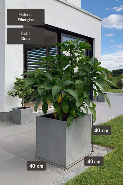 Quadratischer Pflanzkübel aus Fiberglas in grauer Betonoptik, 40 mal 40 mal 40 Zentimeter, bepflanzt auf einer modernen Terrasse.