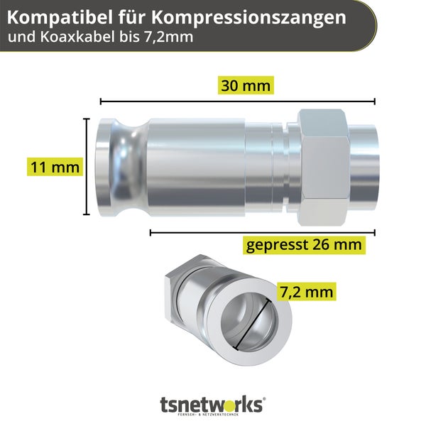 Kompatible Kompressionsstecker für Kompressionszangen und Koaxialkabel bis 7,2 Millimeter mit Maßangaben