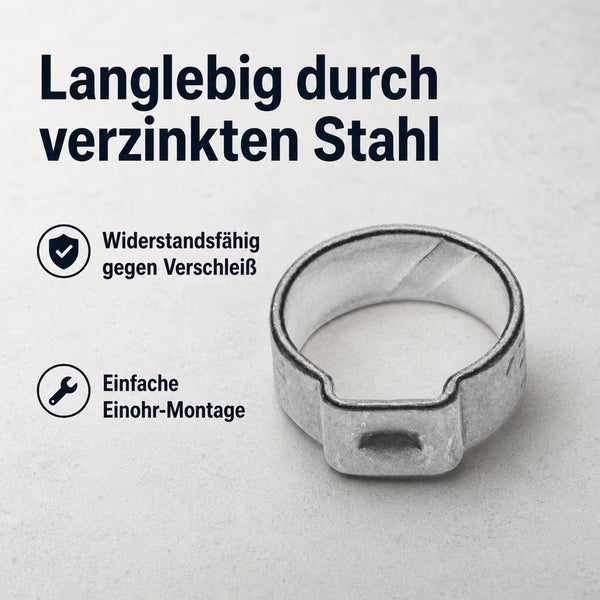 Einohr-Schlauchschelle aus verzinktem Stahl für langlebige Verbindungen, verschleißfest und einfach zu montieren.