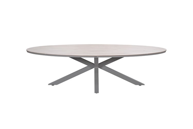 Ovaler Gartentisch mit Tischplatte in Holzoptik und dunklem Metallgestell in X-Form.