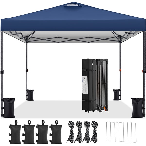 Blauer Pavillon mit Zubehör wie Sandsäcke, Seile und Heringe