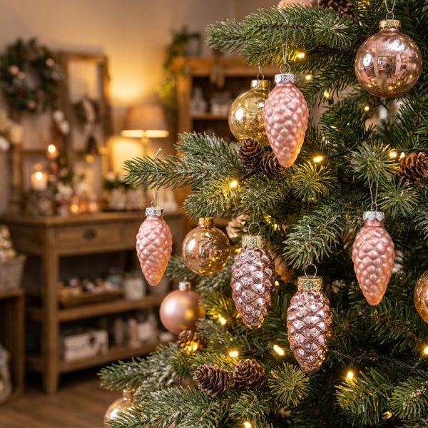 Weihnachtsbaum mit gläsernem Christbaumschmuck in Form von Zapfen und Kugeln sowie Lichterkette in einem wohnlich dekorierten Raum.