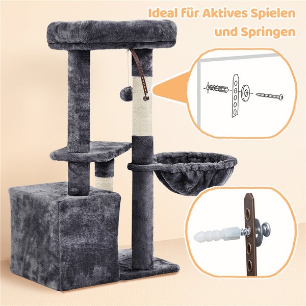 Grauer Kratzbaum mit Liegeflächen, Spielzeug und Wandbefestigung
