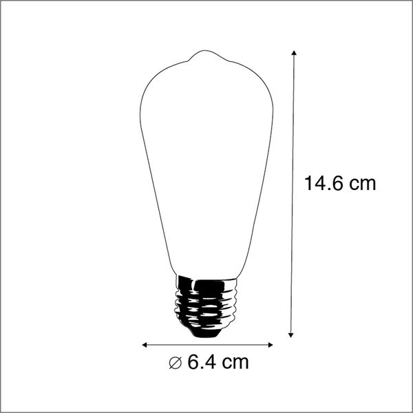 Maßzeichnung eines Leuchtmittels in Edisonform ST64 mit einer Höhe von 14,6 Zentimetern und einem Durchmesser von 6,4 Zentimetern.