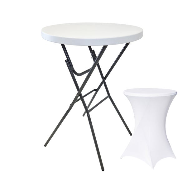 Runder Stehtisch mit klappbarem Metallgestell und passender Husse