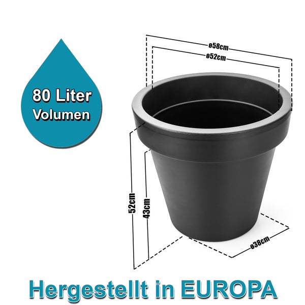 BigDean 3x Blumentopf XXL ø60 cm Classic anthrazit - mit 360 Grad Rollen wiederverschließbarer Wasserablauf - wetterfest bruchsicherer Kunststoff - Pflanzkübel groß Außen & Innen geeignet