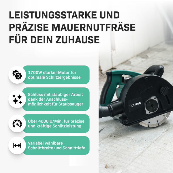 VONROC Schlitzfräse Mauernutfräse mit Absaugung [1700W] - Nutfräser für Kabelnut [14/19/29mm] - Schlitzmaschine 150mm mit Schnittiefe [4-40mm] inklusive 6 Diamantscheiben