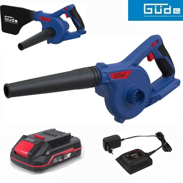 Güde Akku-Bläser Set in Blau inklusive 18 Volt Akku mit 2,0 Amperestunden, Ladegerät und Staubfangsack.