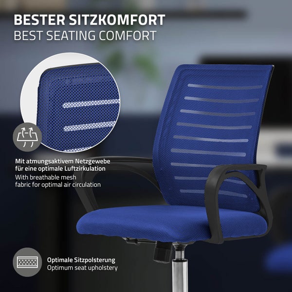 ML-Design Bürostuhl ergonomisch, Blau, Höhenverstellbarer Schreibtischstuhl mit Armlehnen, Computerstuhl mit atmungsaktiver Netzbespannung, Wippfunktion, 360° Drehstuhl mit Rollen, Gaming Stuhl