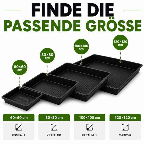 Vier quadratische Kunststoffwannen mit geriffeltem Boden in den Größen 60 mal 60, 80 mal 80, 100 mal 100 und 120 mal 120 Zentimeter.