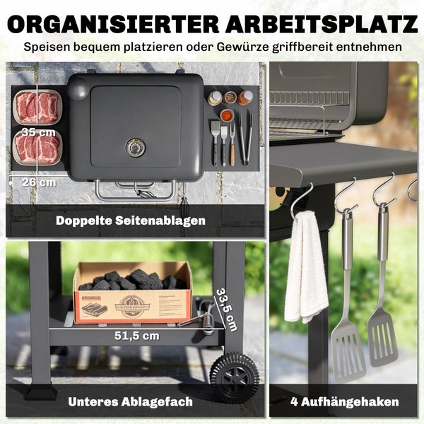 Holzkohlegrill mit doppelten Seitenablagen, einer unteren Ablage für Kohle und vier Haken zur organisierten Aufbewahrung von Grillbesteck.