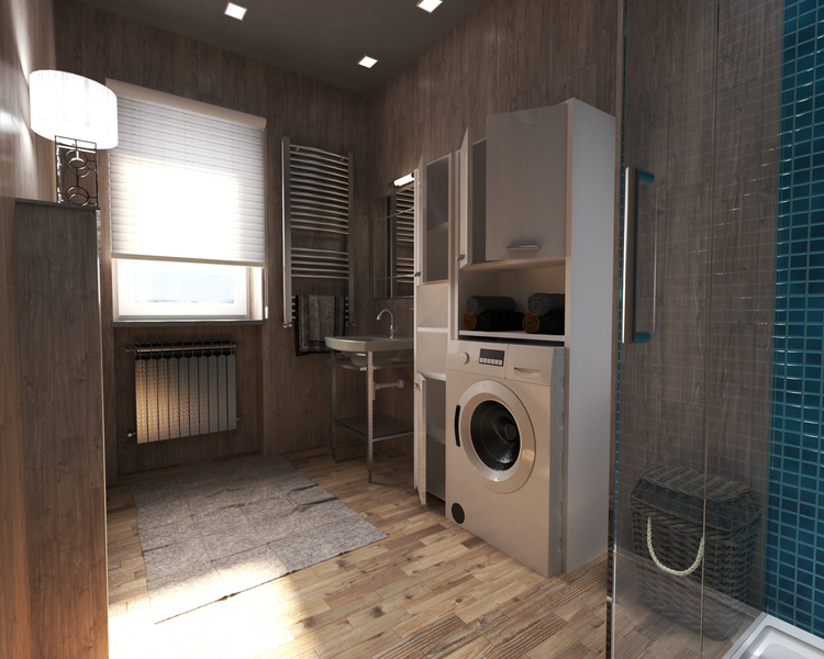 Helles Badezimmer mit Waschmaschine, Waschbecken, Handtuchwärmer, Fenster und Duschkabine