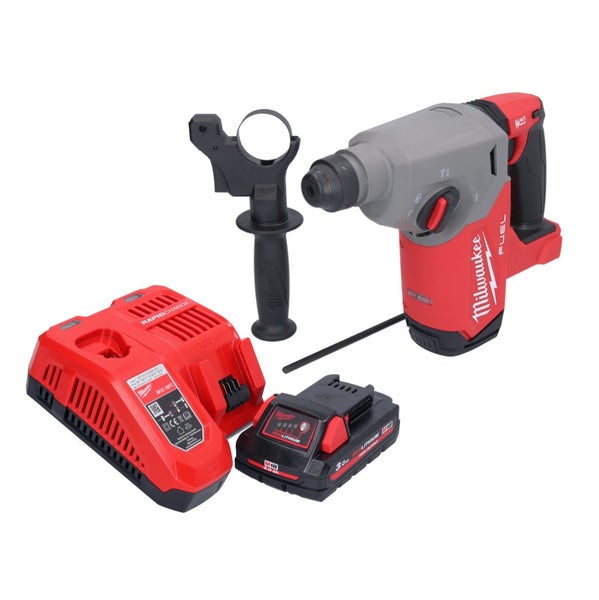 Milwaukee Akku-Bohrhammer-Set inklusive M18 Akku, Ladegerät und Zusatzhandgriff.