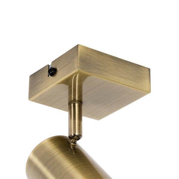 Deckenstrahler-Halterung aus gebürstetem Metall mit verstellbarem Gelenk und Lampenkopf.