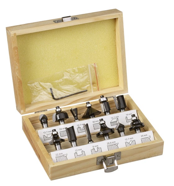 kwb Oberfräser-Set, 12-teilig, (V-Nutfräser, Hohlkehlfräser u.v.m.) Hartmetall-bestückt, Anlaufkugellager inkl. Sechskant-Schlüssel und,Holz-Koffer