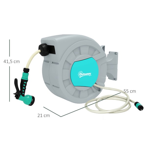 Outsunny Schlauchtrommel mit Gartenschlauch 20m, 180° schwenkbar Schlauchbox, Schlauchaufroller zur Wandmontage, Wasserschlauchaufroller mit automatische Aufrollung, 7-Funktionen Handbrause, Grau