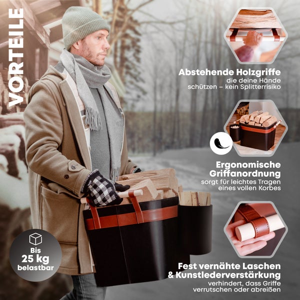 OAKAGE® LuxeLeather Duo Holzkorb Veganes Leder - mit ausreißsicheren Holzgriffen - 50x40x35cm