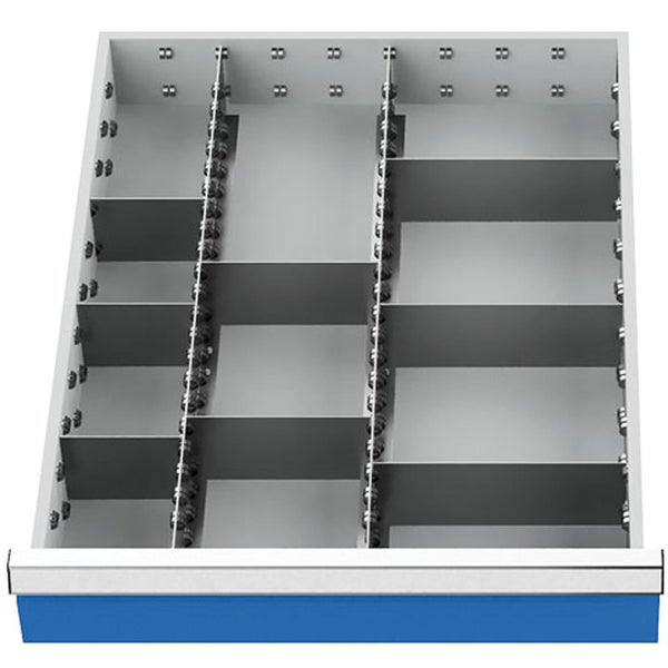 Schubladeneinteilungs-Set mit verstellbaren Längswänden und Querwänden aus Metall für Werkzeugschubladen.