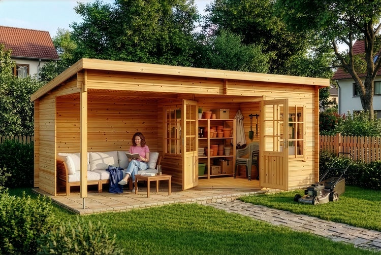 Modernes Gartenhaus aus hellem Holz mit überdachtem Lounge-Bereich, Sofa und separatem Abstellraum in einer grünen Gartenanlage.