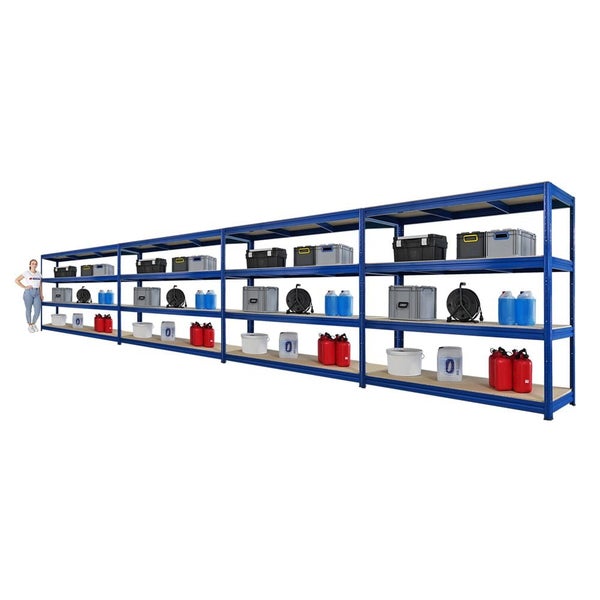 Langes blaues Metallregal mit vier Ebenen und verschiedenen Behältern