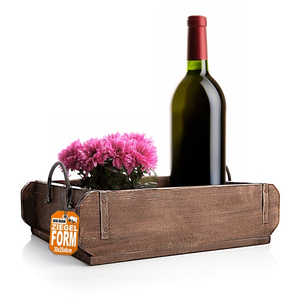 Dekorative Holzbox mit Griffen, Blumen und Weinflasche