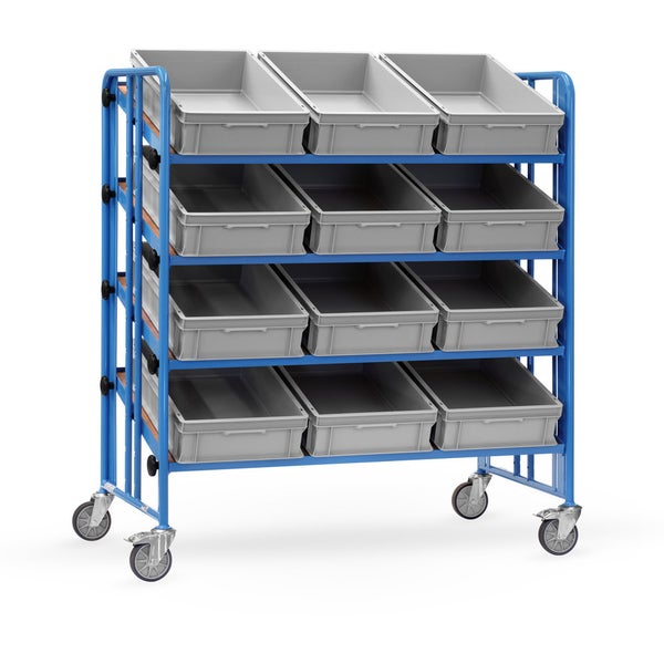 Rollwagen mit zwölf grauen Lagerboxen