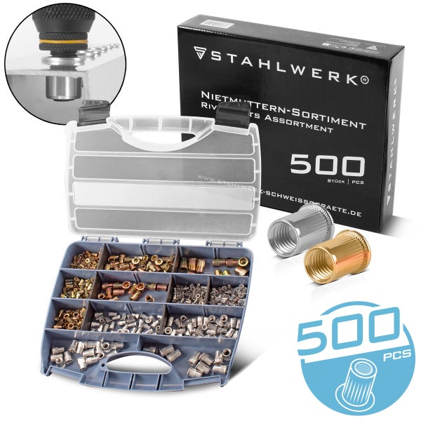 Sortiment aus Blindnietmuttern in verschiedenen Größen und Stückzahlen