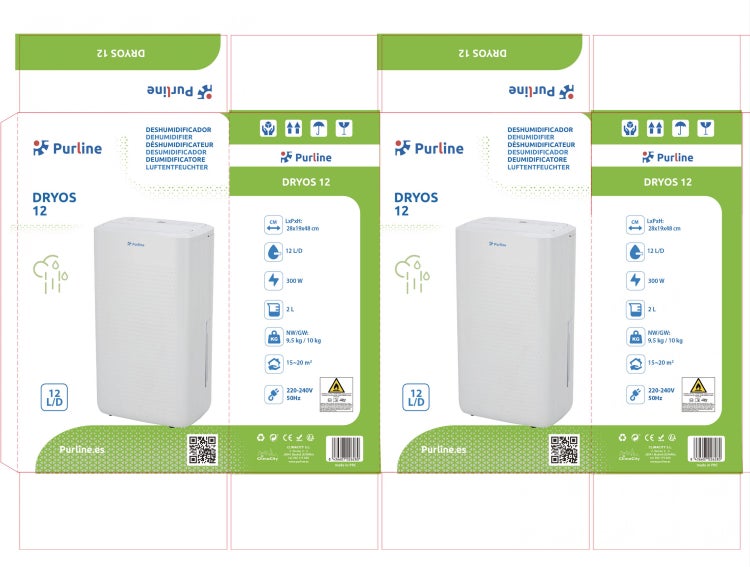 Verpackung des Purline Dryos 12 Luftentfeuchters mit Purline Logo, Geräteabbildung und technischen Daten wie 12 Liter pro Tag und 300 Watt.