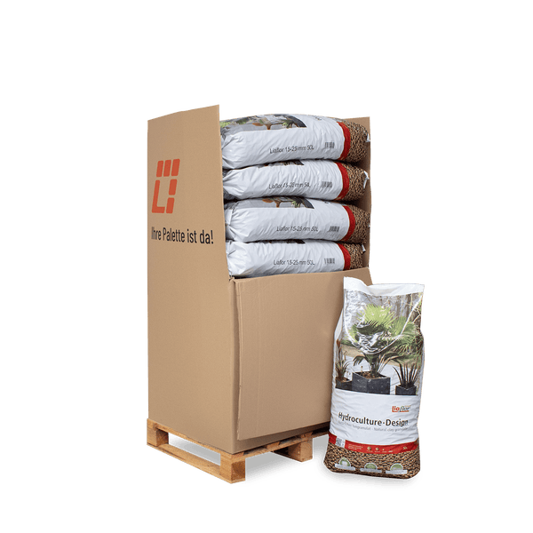 Mehrere 50 Liter Säcke Liaflor Blähton 15 bis 25 Millimeter auf einer Palette in einem Karton sowie ein einzelner Sack davor.