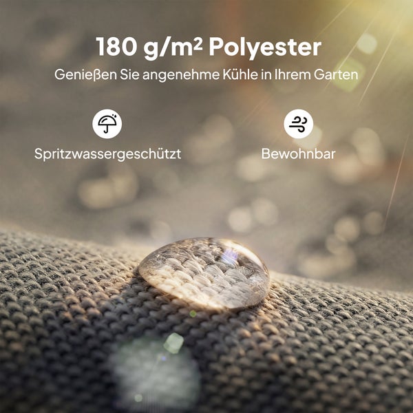 180 Gramm pro Quadratmeter Polyestergewebe, spritzwassergeschützt und atmungsaktiv, mit einem Wassertropfen auf der gewebten Oberfläche.