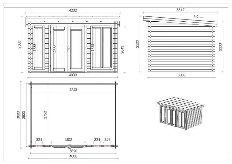 Gartenhaus, Gerätehaus 12m2 - 4x3m - 34mm