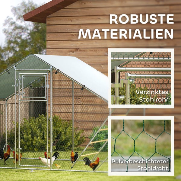 PawHut Hühnerstall Freilaufgehege aus Stahl, 300 x 200 x 195 cm Hühnerkäfig mit UV-beständiger Abdeckung, Futtertür, Hängefütterung, Sitzstange, Hühnergehege für 6-8 Hühner, Kleintiere, Silber