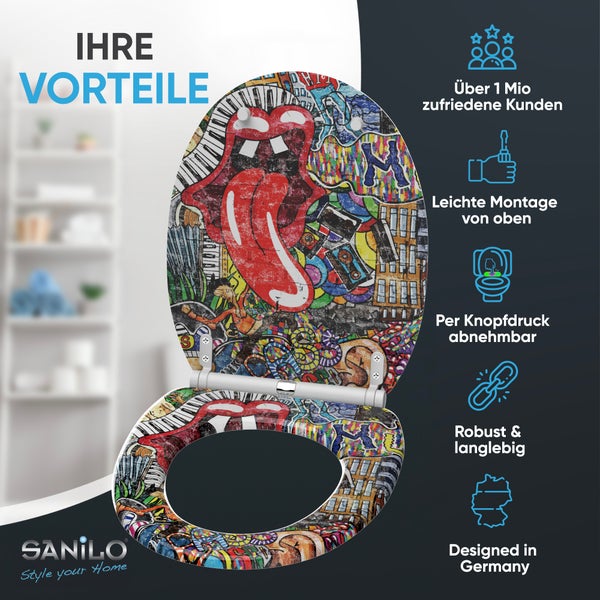 Toilettendeckel mit Mund-Grafik. Vorteile: über eine Million Kunden, Montage von oben, abnehmbar, robust, Design aus Deutschland. Sanilo Logo.
