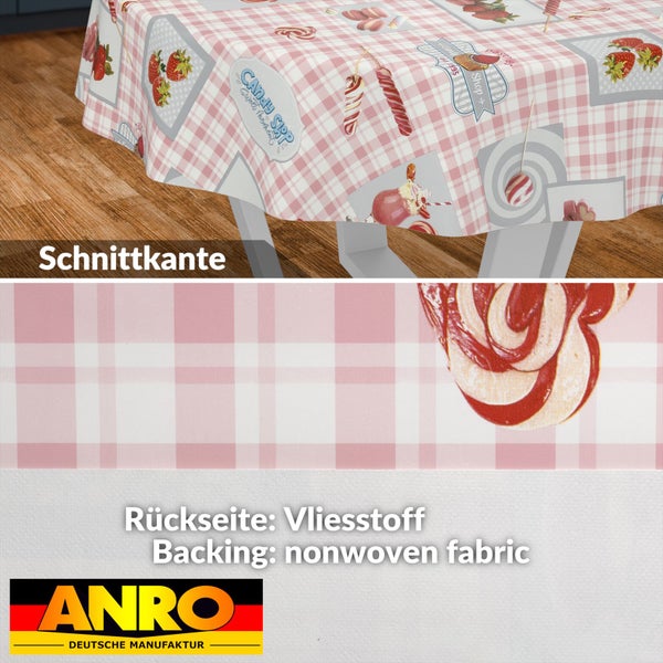 Abwaschbare Tischdecke mit Karomuster und Süßigkeitenmotiven, Vliesstoff-Rückseite, ANRO Deutsche Manufaktur Logo.