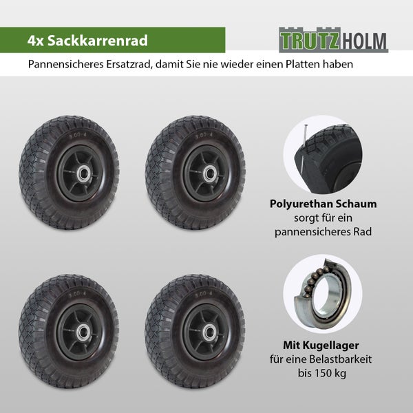 Set aus vier pannensicheren Sackkarrenrädern aus Polyurethanschaum mit Kugellager von Trutzholm