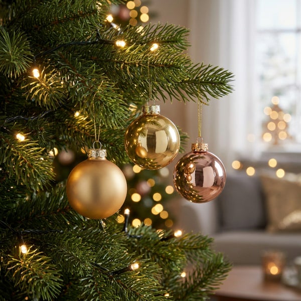 Drei Weihnachtskugeln in verschiedenen Oberflächen hängen an einem beleuchteten Tannenbaum.