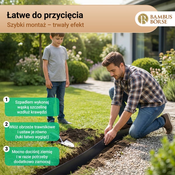 Ein Mann installiert eine schwarze flexible Rasenkante im hellen Garten mit einem Kind. Anleitung in drei Schritten. Bambus Börse Logo.